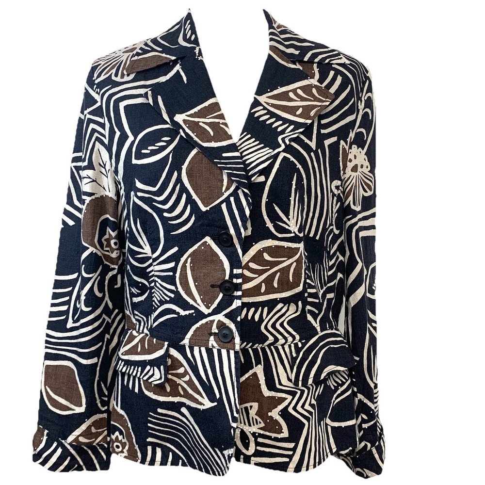 Bianca Linen Jacket Brown Black Abstract Print Woman Sz 10 Pockets Travel Spring